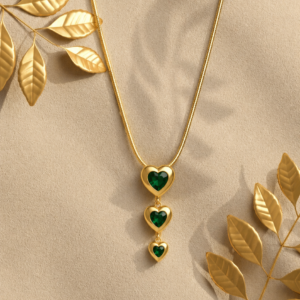 Triple Emerald Heart Gold Necklace for Women