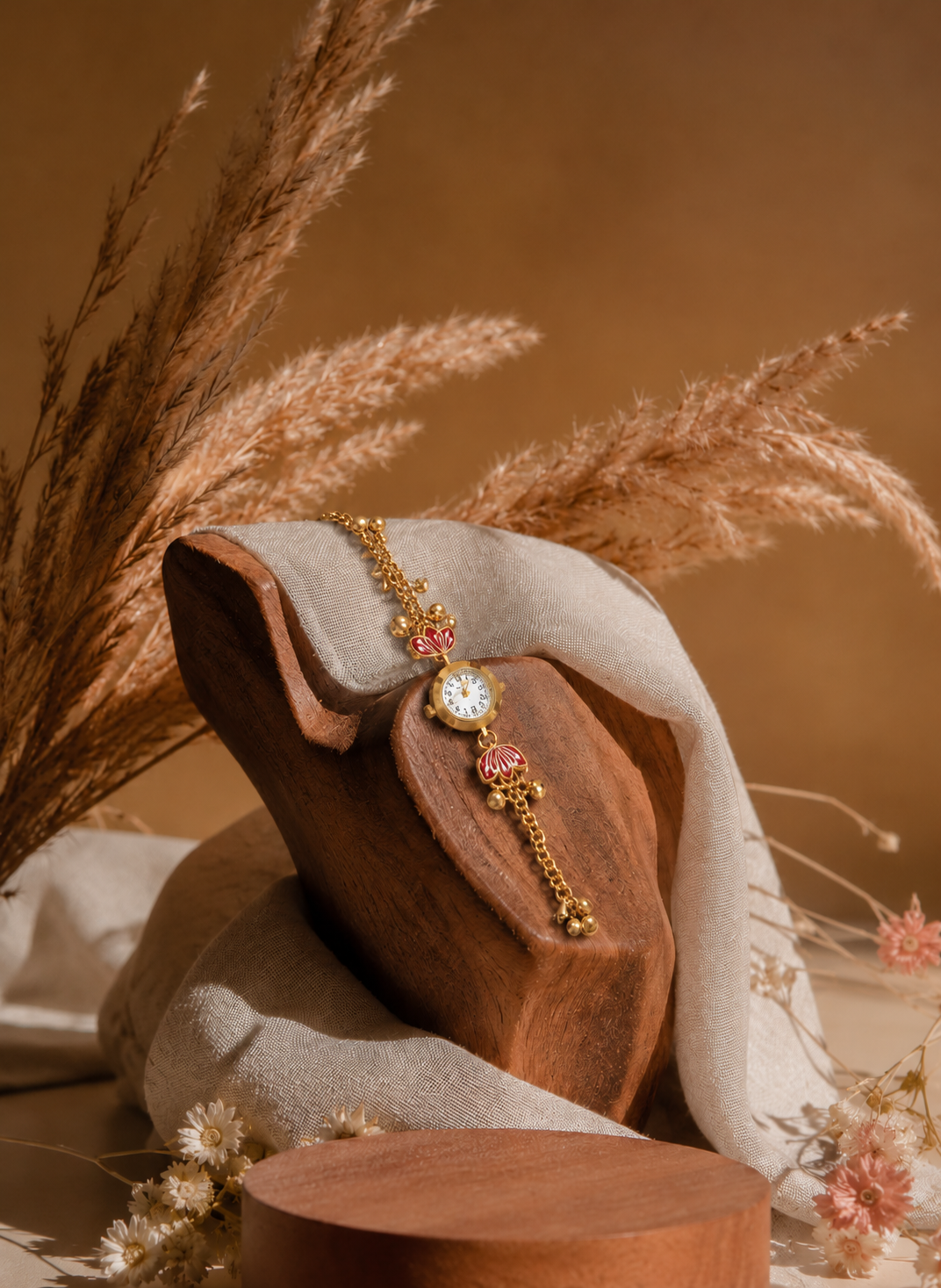 Kashmiri Red Lotus Gold Bracelet Watch for Women