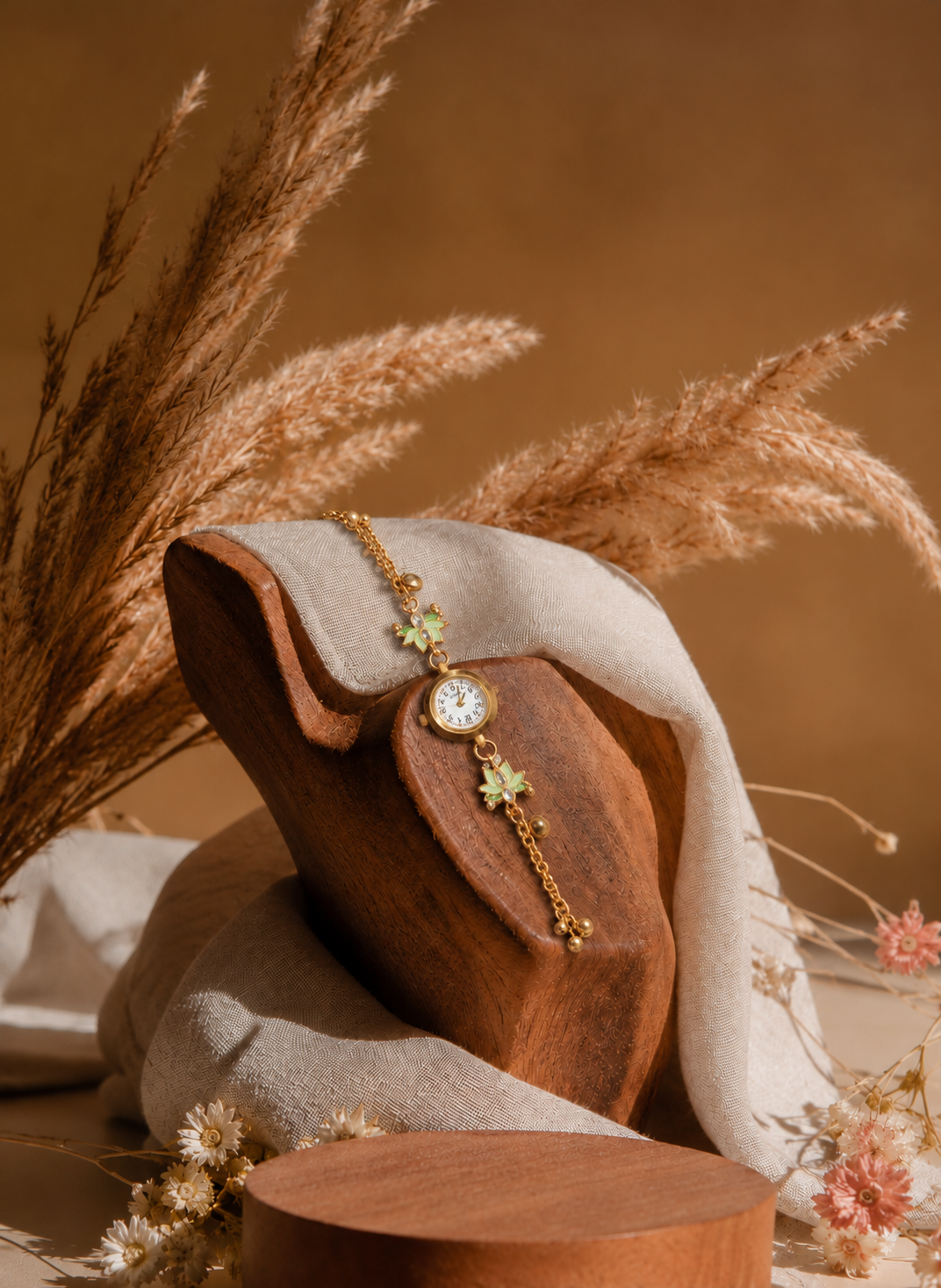 Kashmiri Mint Green Floral Gold Bracelet Watch for Women