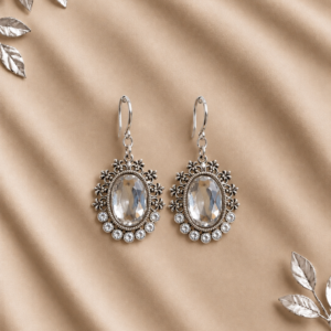 Antique Silver Oxidised Oval Stone Dangle Earrings for Women