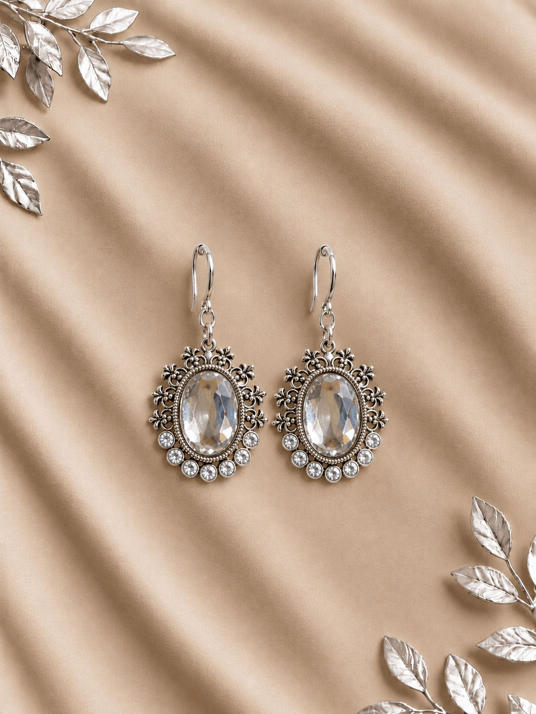 Antique Silver Oxidised Oval Stone Dangle Earrings for Women