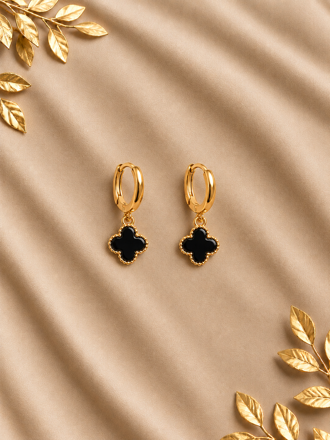 Black Clover Charm Gold Hoop Earrings for Women