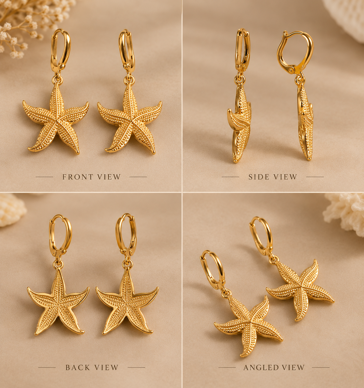 Golden Starfish Textured Drop Earrings for Women - Image 2