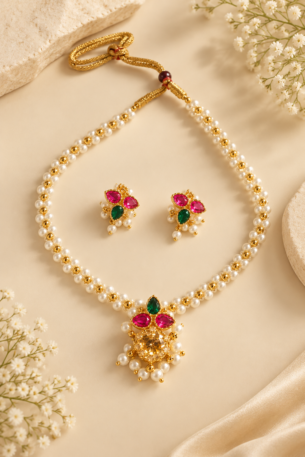 Rangmohini Pearl Necklace Set with Earrings