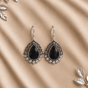 Black Teardrop Stone Oxidised Silver Dangle Earrings for Women