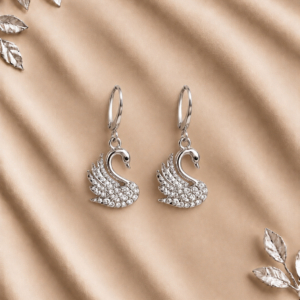 Silver Crystal Swan Hoop Earrings for Women